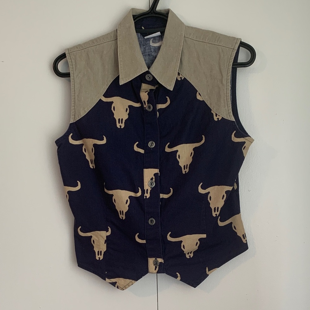 Roper Navy Blue & Tan Bull Western Cotton Cowboy Vest Top Size Medium Fits S